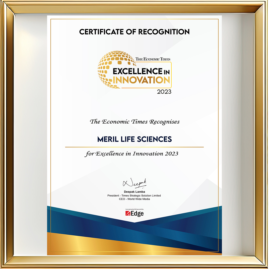 Certificate of Recognition - The Economic Times recognizes Meril Life Sciences for Excellence in Innovation 2023.