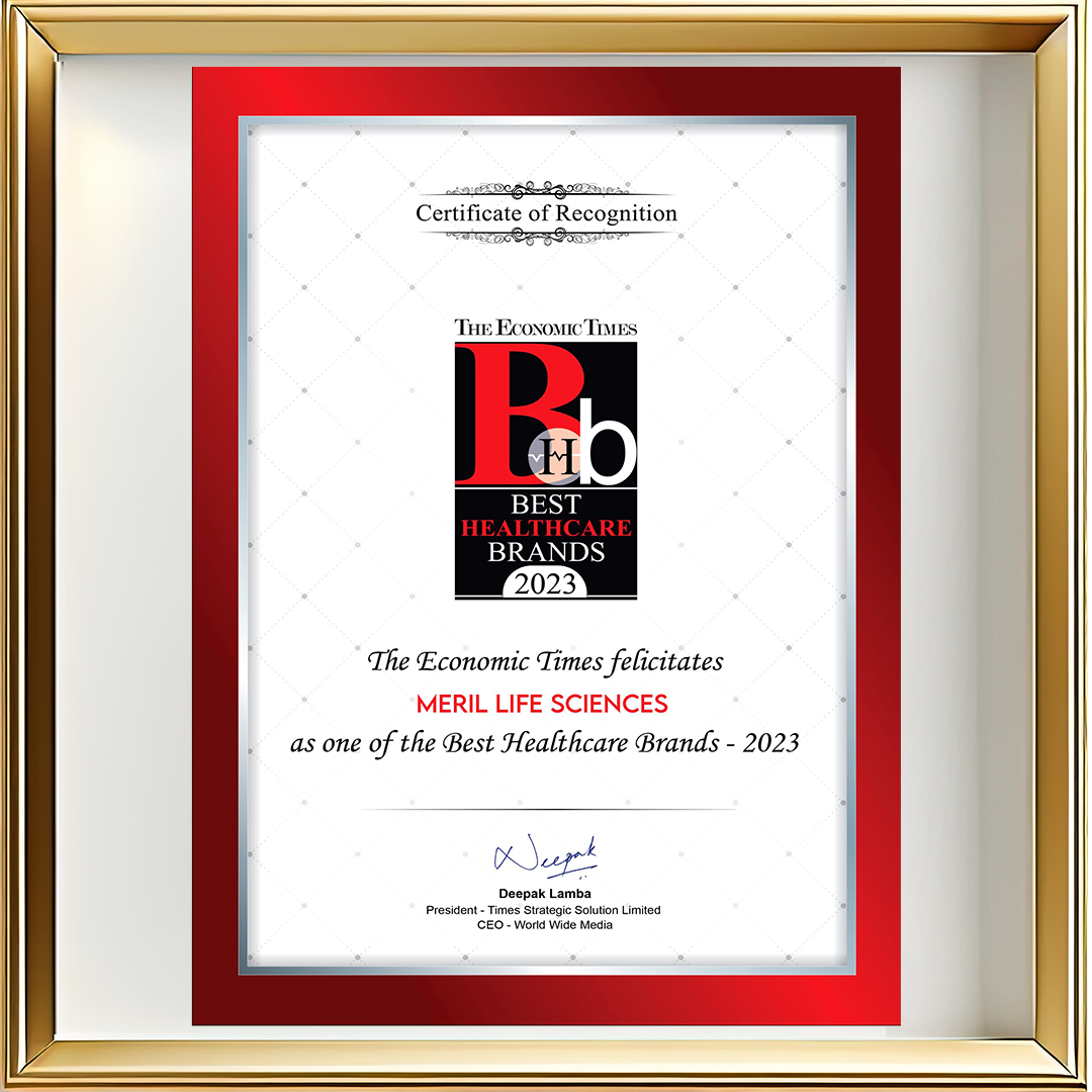 Certificate of Recognition - Meril Life Sciences recognized as one of the Best Healthcare Brands of 2023 by the Economic Times.